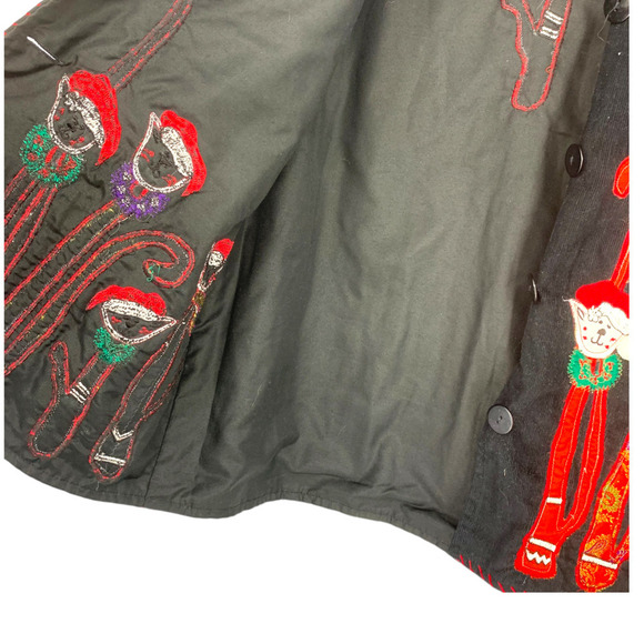 Vintage LifeStyle Sz M Black Kitty Applique Christmas Jacket Fine Wale Corduroy - Picture 4 of 8